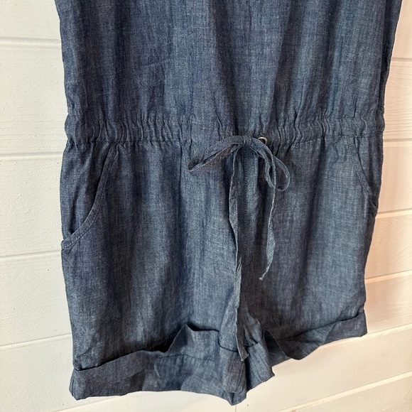Lucky Brand Chambray Cotton Denim Romper Shorts Button Front Cinched Waist Sz L - Picture 4 of 11